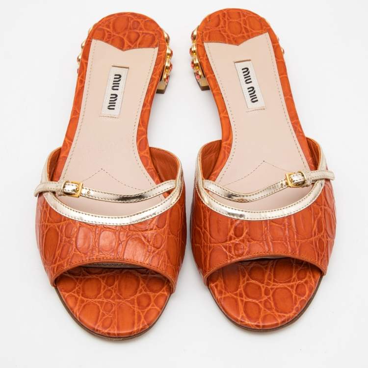 Pre Owned Miu Miu Orange Crocodile Leather Slides Size 37.5 