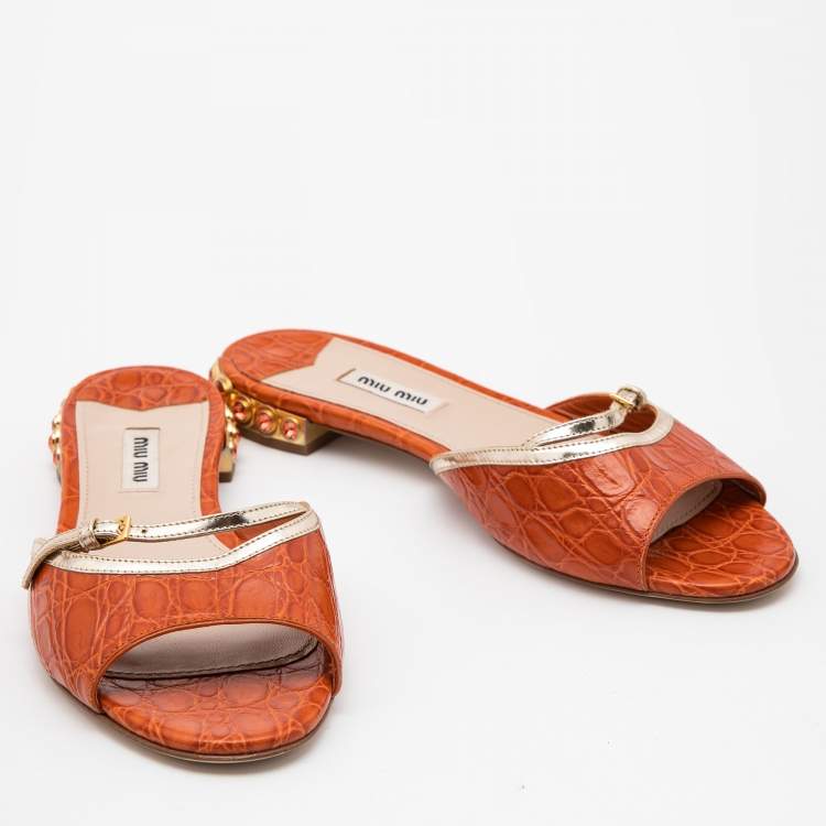 Pre Owned Miu Miu Orange Crocodile Leather Slides Size 37.5 