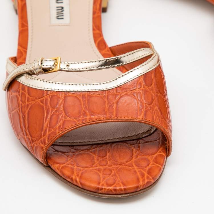 Pre Owned Miu Miu Orange Crocodile Leather Slides Size 37.5 
