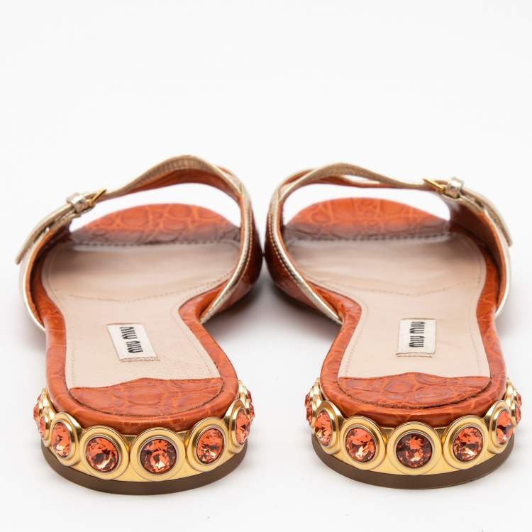 Pre Owned Miu Miu Orange Crocodile Leather Slides Size 37.5 