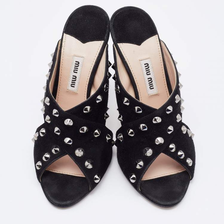 Pre Owned Miu Miu Black Suede Criss Cross Studded Sandals Size 38