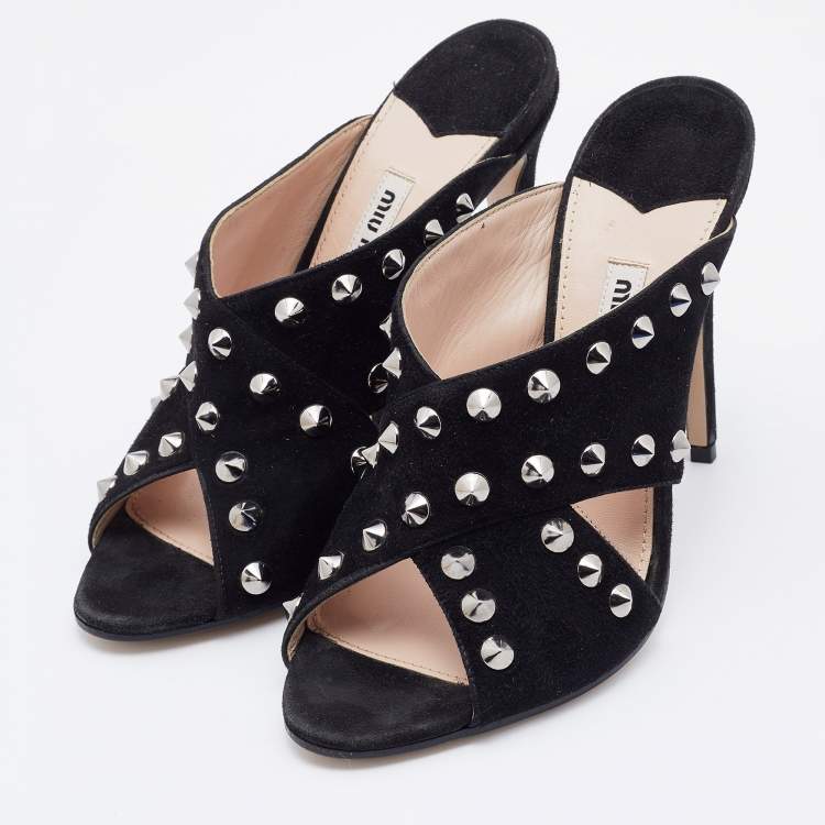 Pre Owned Miu Miu Black Suede Criss Cross Studded Sandals Size 38