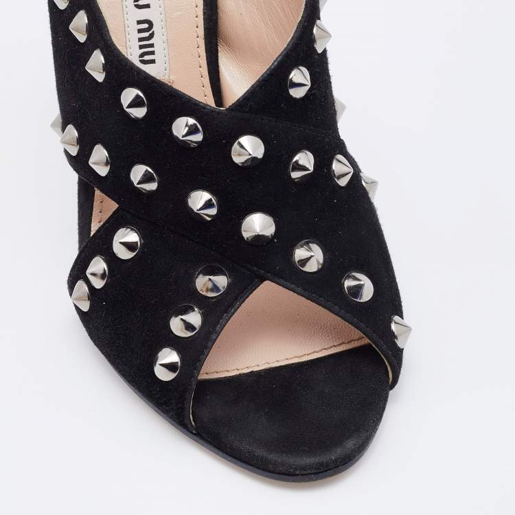Pre Owned Miu Miu Black Suede Criss Cross Studded Sandals Size 38