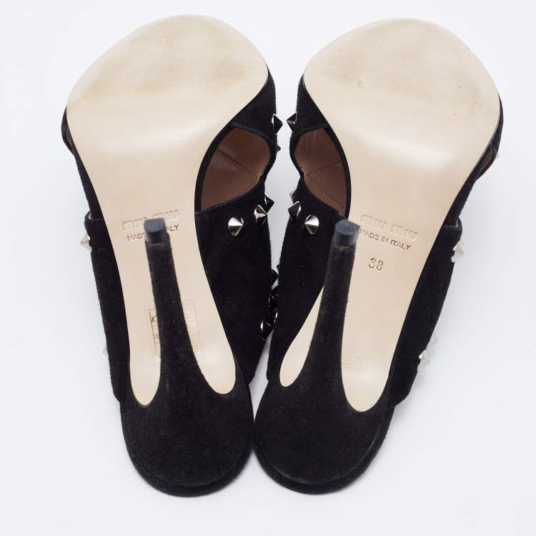 Pre Owned Miu Miu Black Suede Criss Cross Studded Sandals Size 38