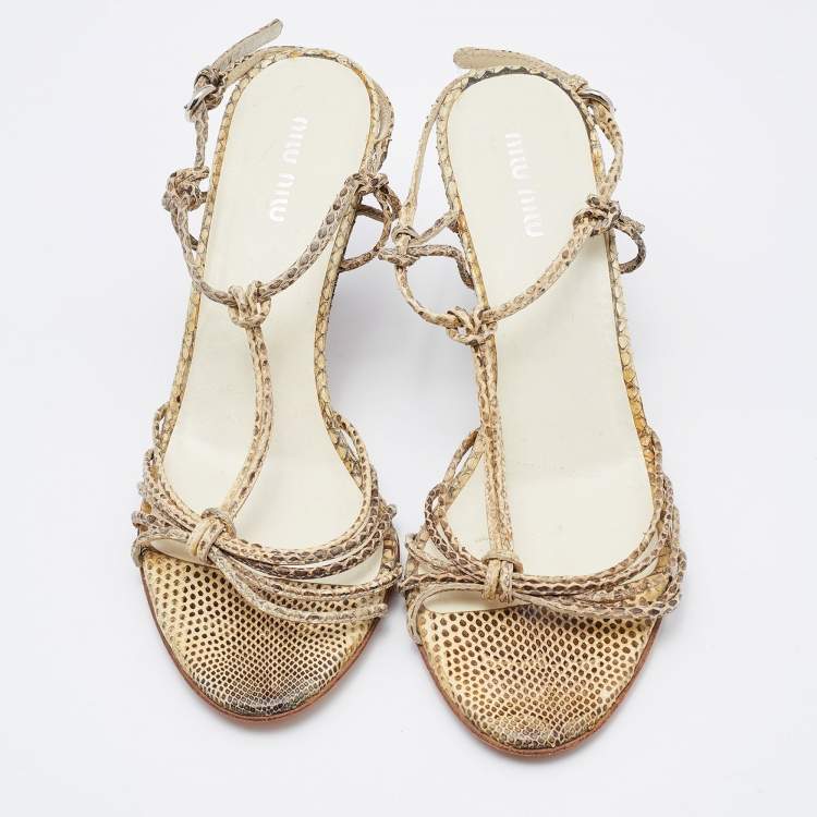 Pre Owned Miu Miu Cream/Brown Snakeskin Leather Strappy Wedge Sandals Size 37
