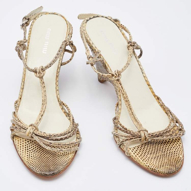 Pre Owned Miu Miu Cream/Brown Snakeskin Leather Strappy Wedge Sandals Size 37