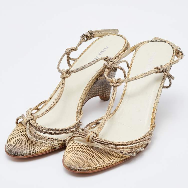 Pre Owned Miu Miu Cream/Brown Snakeskin Leather Strappy Wedge Sandals Size 37