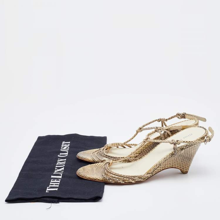 Pre Owned Miu Miu Cream/Brown Snakeskin Leather Strappy Wedge Sandals Size 37