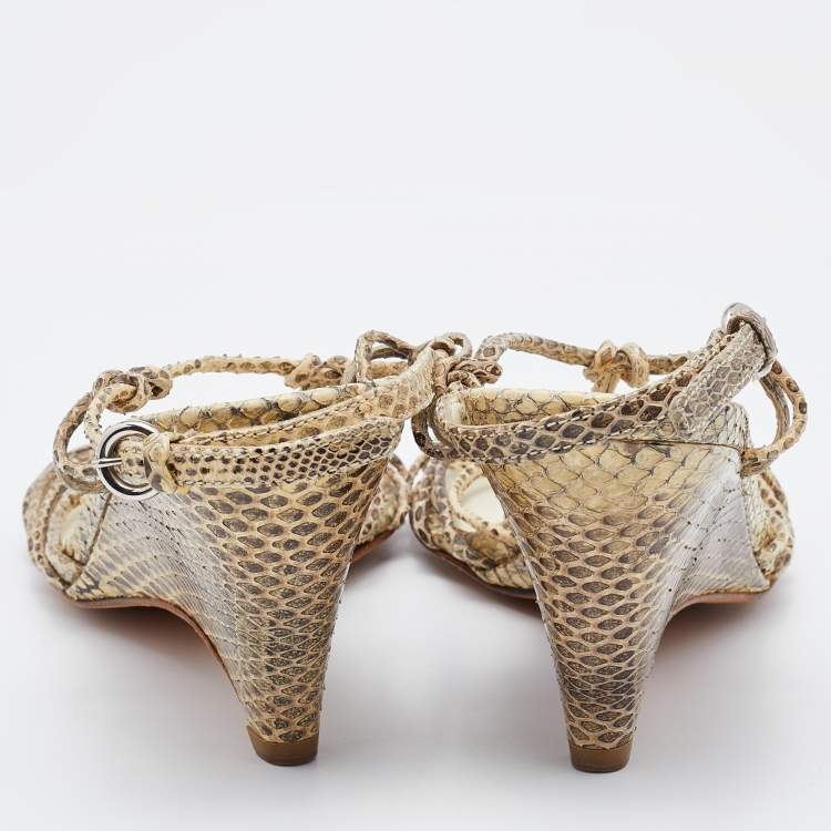 Pre Owned Miu Miu Cream/Brown Snakeskin Leather Strappy Wedge Sandals Size 37
