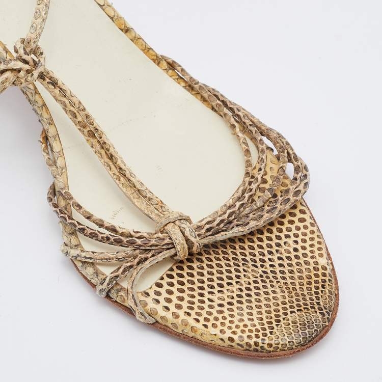 Pre Owned Miu Miu Cream/Brown Snakeskin Leather Strappy Wedge Sandals Size 37