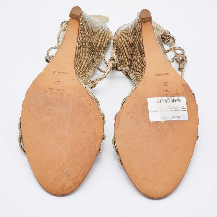 Pre Owned Miu Miu Cream/Brown Snakeskin Leather Strappy Wedge Sandals Size 37