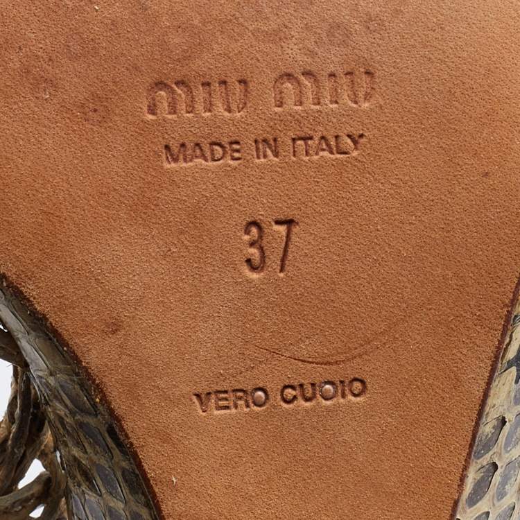 Pre Owned Miu Miu Cream/Brown Snakeskin Leather Strappy Wedge Sandals Size 37