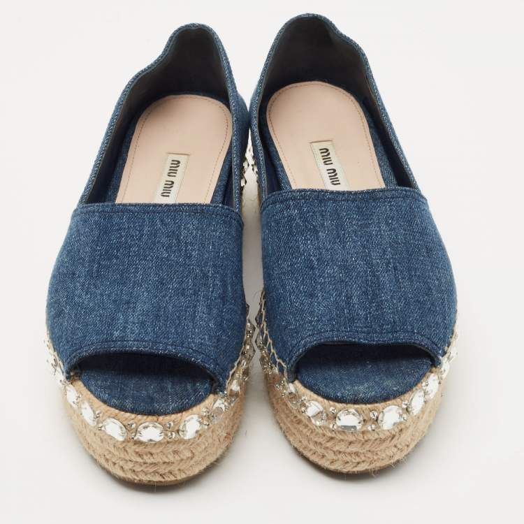 Pre Owned Miu Miu Blue Denim Crystal Embellished Peep Toe Platform Espadrilles Size 39