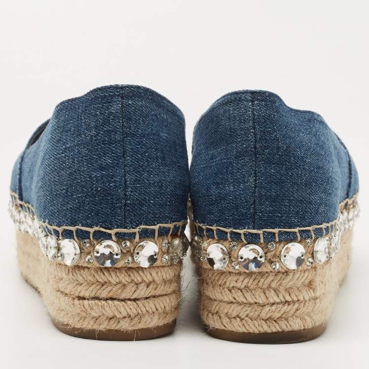 Pre Owned Miu Miu Blue Denim Crystal Embellished Peep Toe Platform Espadrilles Size 39