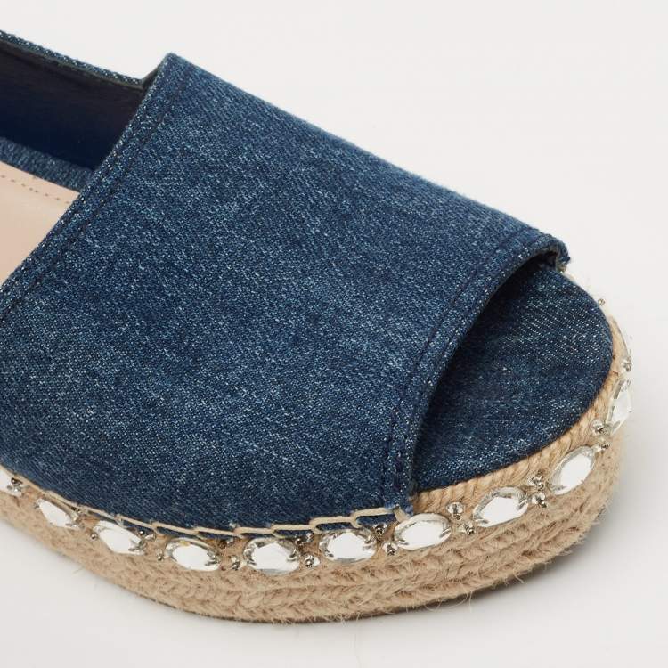 Pre Owned Miu Miu Blue Denim Crystal Embellished Peep Toe Platform Espadrilles Size 39