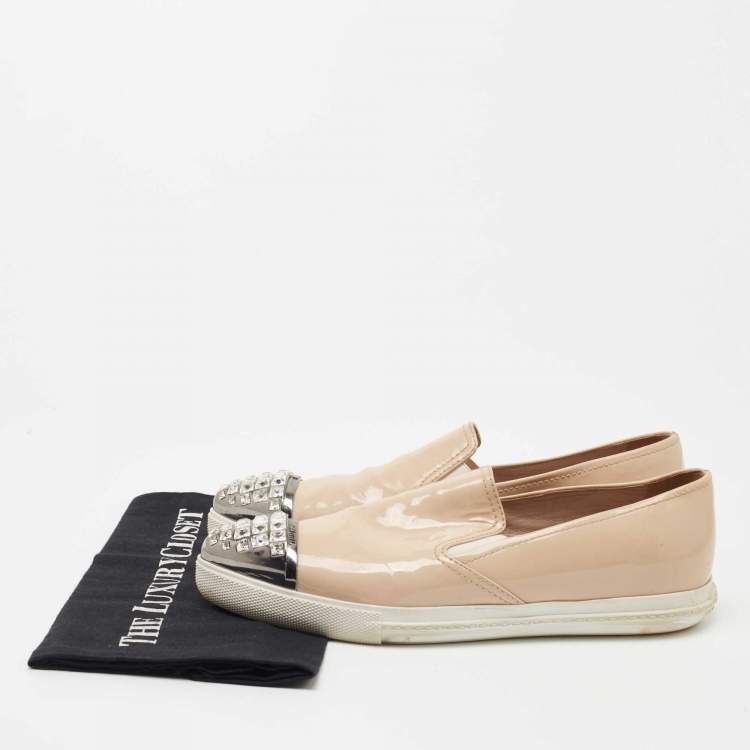 Pre Owned Miu Miu Beige Patent Leather Crystal Embellished Sneakers Size 38