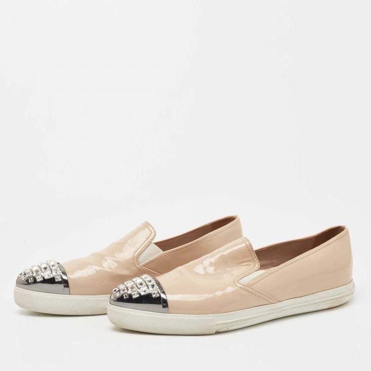 Pre Owned Miu Miu Beige Patent Leather Crystal Embellished Sneakers Size 38