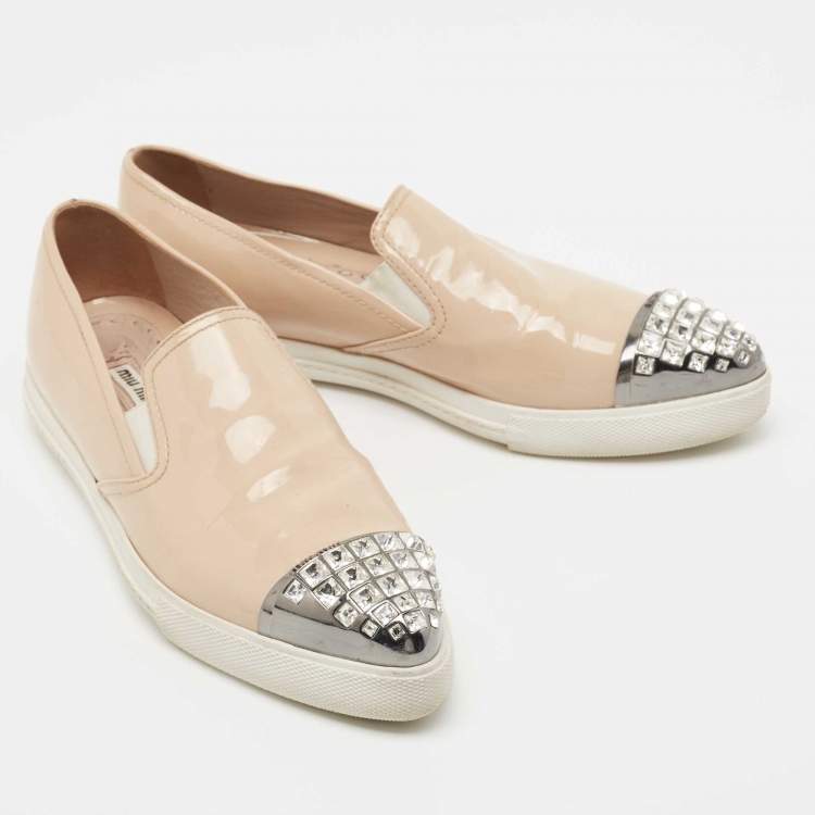 Pre Owned Miu Miu Beige Patent Leather Crystal Embellished Sneakers Size 38