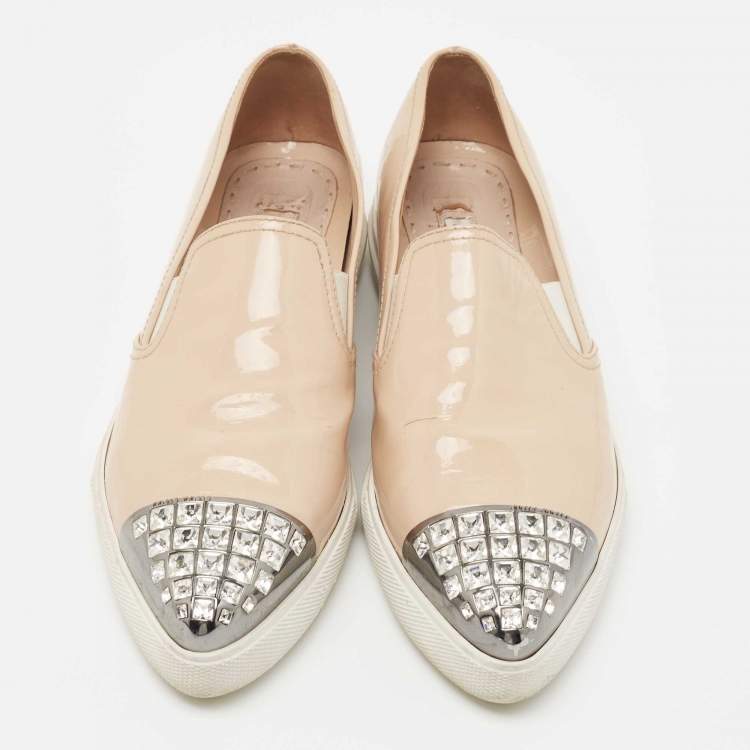 Pre Owned Miu Miu Beige Patent Leather Crystal Embellished Sneakers Size 38
