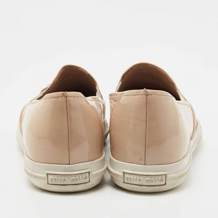 Pre Owned Miu Miu Beige Patent Leather Crystal Embellished Sneakers Size 38