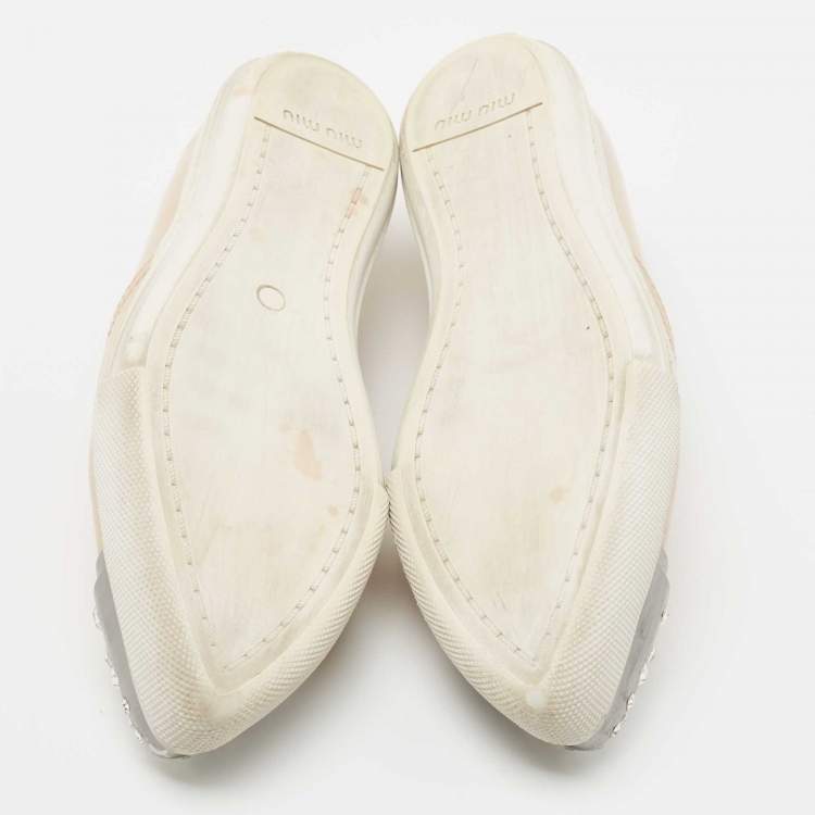 Pre Owned Miu Miu Beige Patent Leather Crystal Embellished Sneakers Size 38