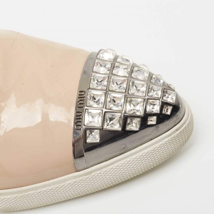 Pre Owned Miu Miu Beige Patent Leather Crystal Embellished Sneakers Size 38