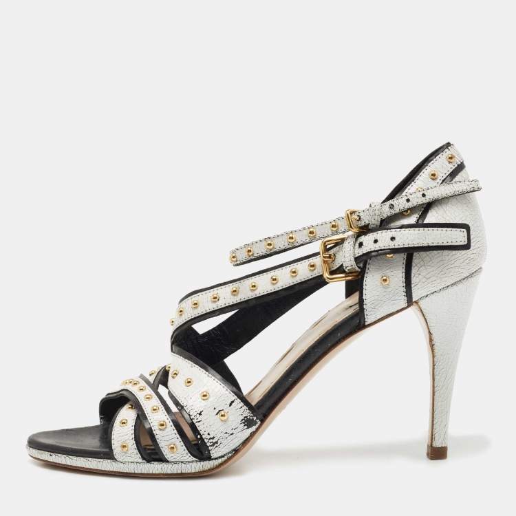 Miu Miu White Crackled Leather Studded Ankle Strap Sandals Size 38