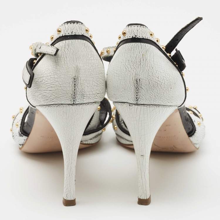 Pre Owned Miu Miu White Crackled Leather Studded Ankle Strap Sandals Size 38