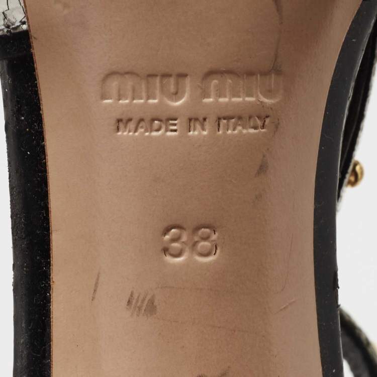 Pre Owned Miu Miu White Crackled Leather Studded Ankle Strap Sandals Size 38
