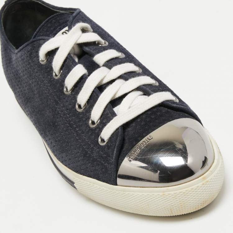 Pre Owned Miu Miu Navy Blue Perforated Suede and Metal Cap Toe Low Top Sneakers Size 39.5