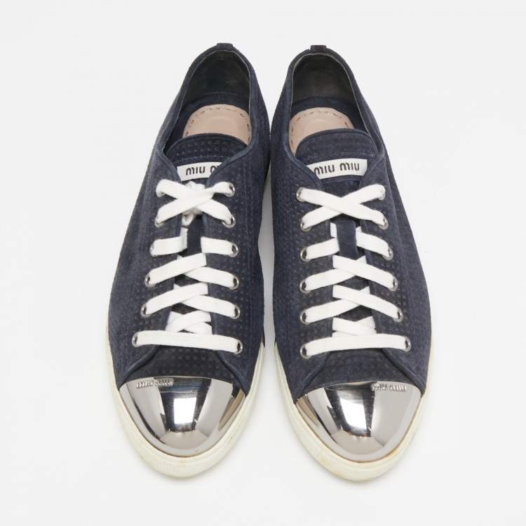 Pre Owned Miu Miu Navy Blue Perforated Suede and Metal Cap Toe Low Top Sneakers Size 39.5