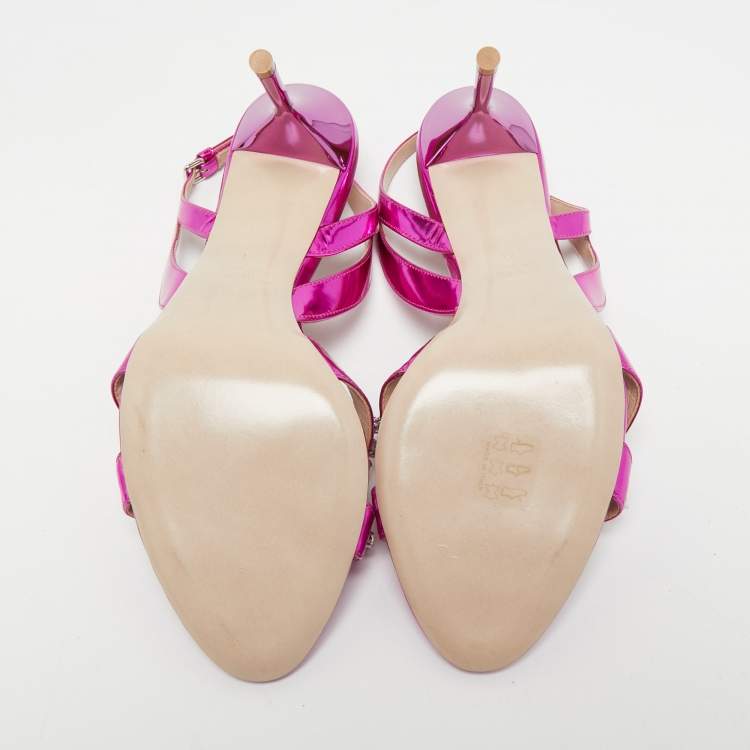 Pre Owned Miu Miu Magenta Pink Laminated Leather Crystals Embellished Sandals Size 41
