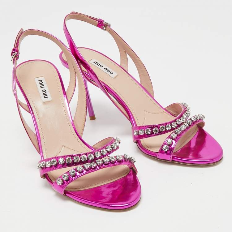 Pre Owned Miu Miu Magenta Pink Laminated Leather Crystals Embellished Sandals Size 41