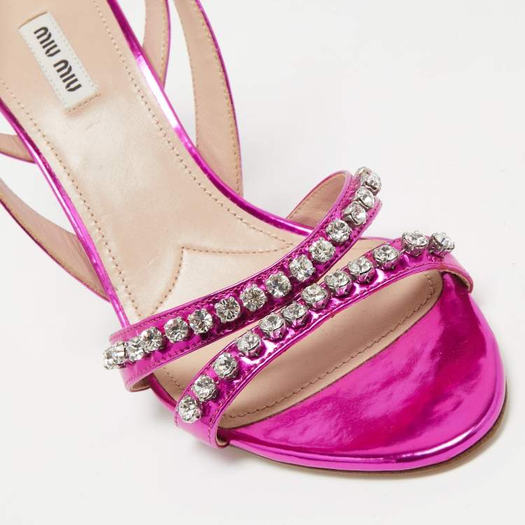 Pre Owned Miu Miu Magenta Pink Laminated Leather Crystals Embellished Sandals Size 41