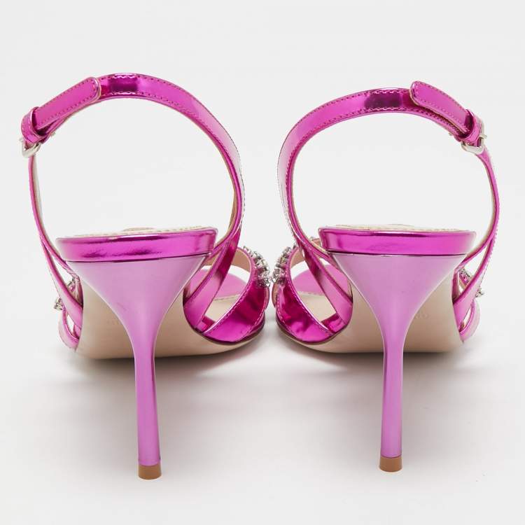 Pre Owned Miu Miu Magenta Pink Laminated Leather Crystals Embellished Sandals Size 41