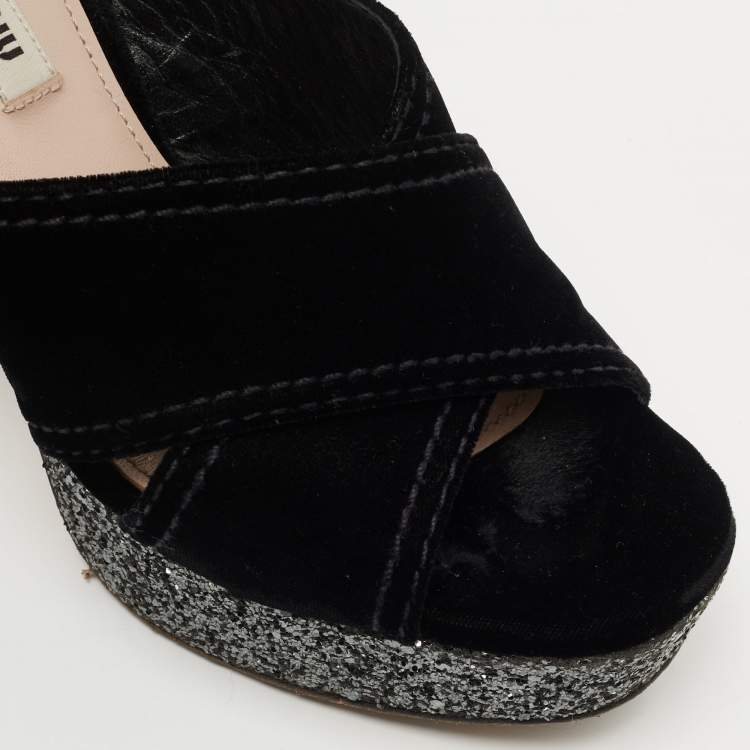 Pre Owned Miu Miu Black Velvet and Glitter Platform Ankle Strap Sandals Size 37