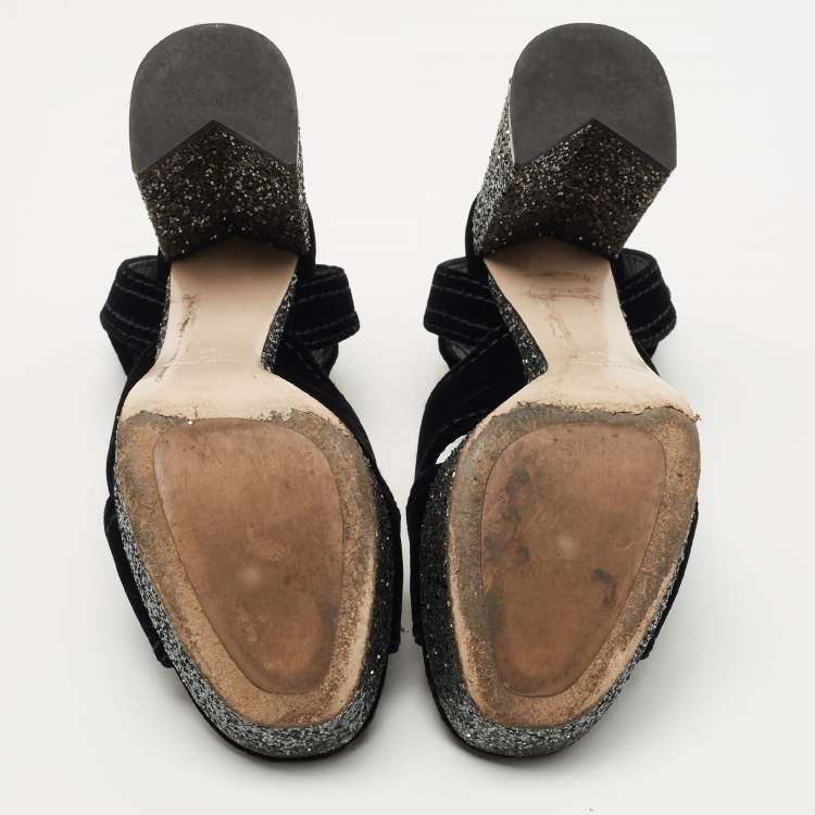 Pre Owned Miu Miu Black Velvet and Glitter Platform Ankle Strap Sandals Size 37