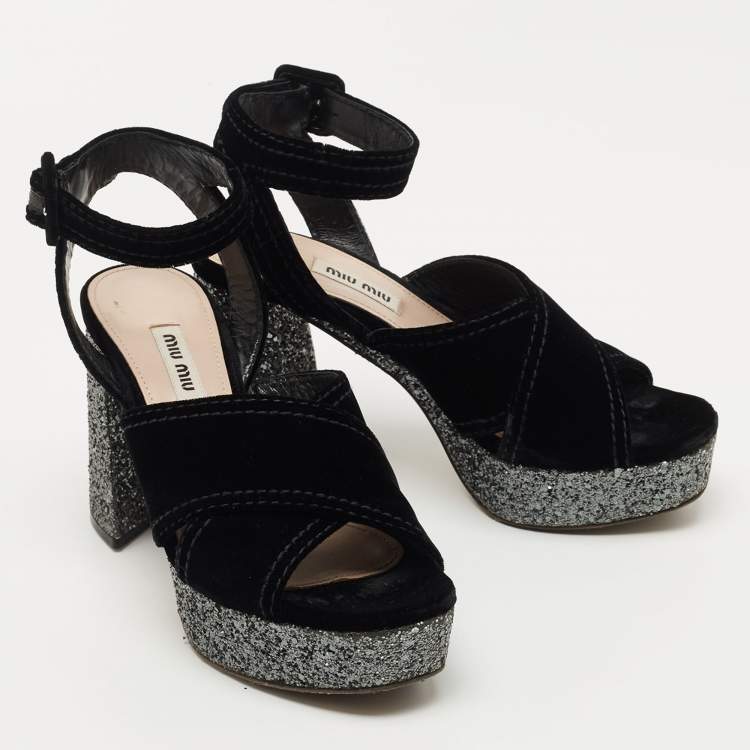 Pre Owned Miu Miu Black Velvet and Glitter Platform Ankle Strap Sandals Size 37