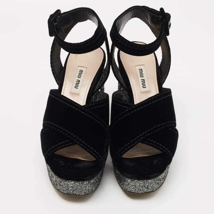 Pre Owned Miu Miu Black Velvet and Glitter Platform Ankle Strap Sandals Size 37