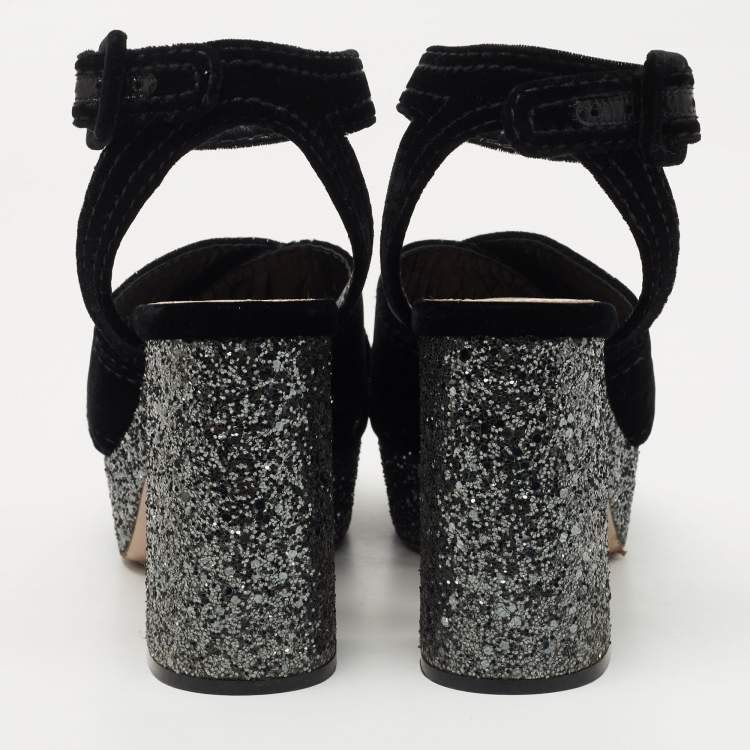 Pre Owned Miu Miu Black Velvet and Glitter Platform Ankle Strap Sandals Size 37