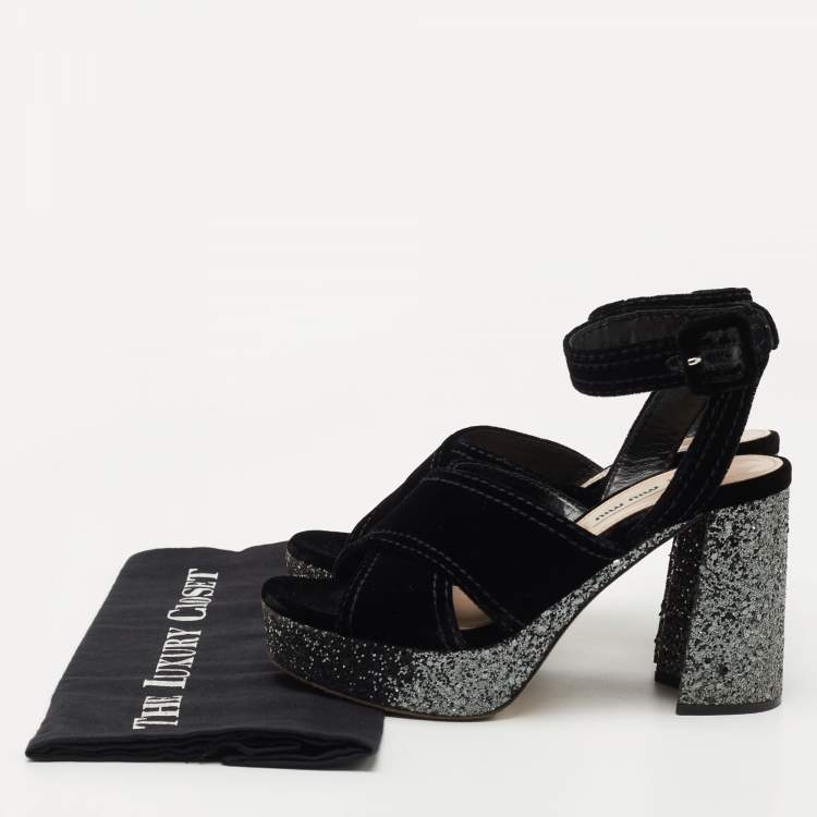 Pre Owned Miu Miu Black Velvet and Glitter Platform Ankle Strap Sandals Size 37