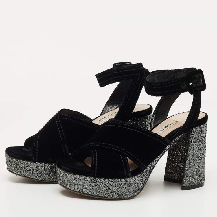 Pre Owned Miu Miu Black Velvet and Glitter Platform Ankle Strap Sandals Size 37