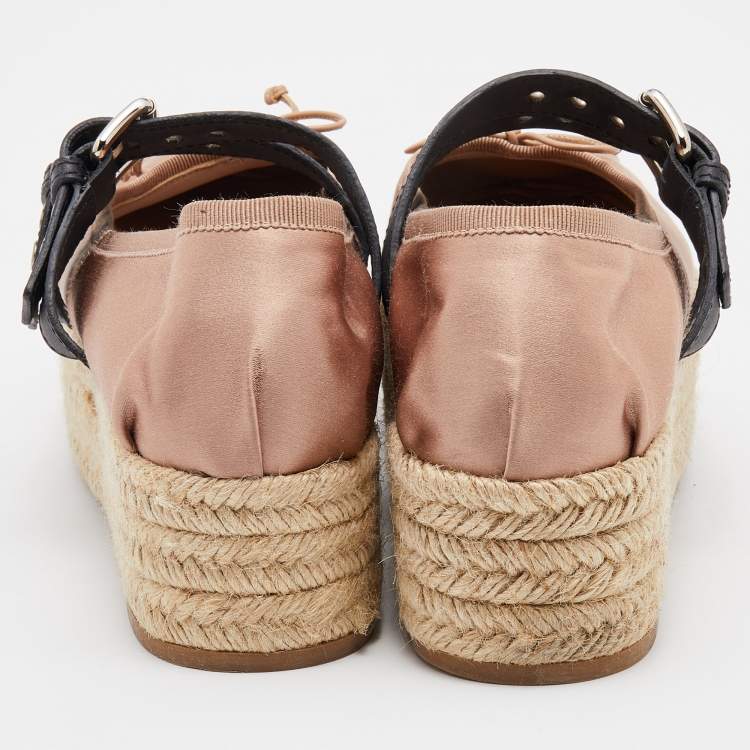 Pre Owned Miu Miu Beige/Black Satin and Leather Belted Ballet Platform Espadrille Flats Size 39.5
