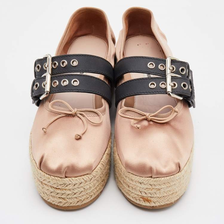 Pre Owned Miu Miu Beige/Black Satin and Leather Belted Ballet Platform Espadrille Flats Size 39.5