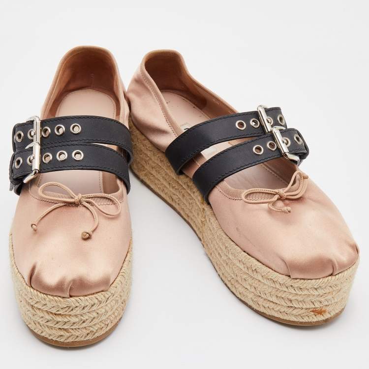 Pre Owned Miu Miu Beige/Black Satin and Leather Belted Ballet Platform Espadrille Flats Size 39.5