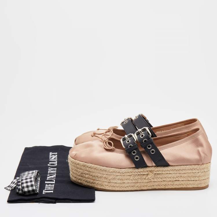 Pre Owned Miu Miu Beige/Black Satin and Leather Belted Ballet Platform Espadrille Flats Size 39.5