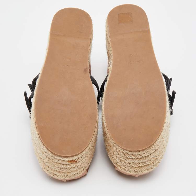 Pre Owned Miu Miu Beige/Black Satin and Leather Belted Ballet Platform Espadrille Flats Size 39.5