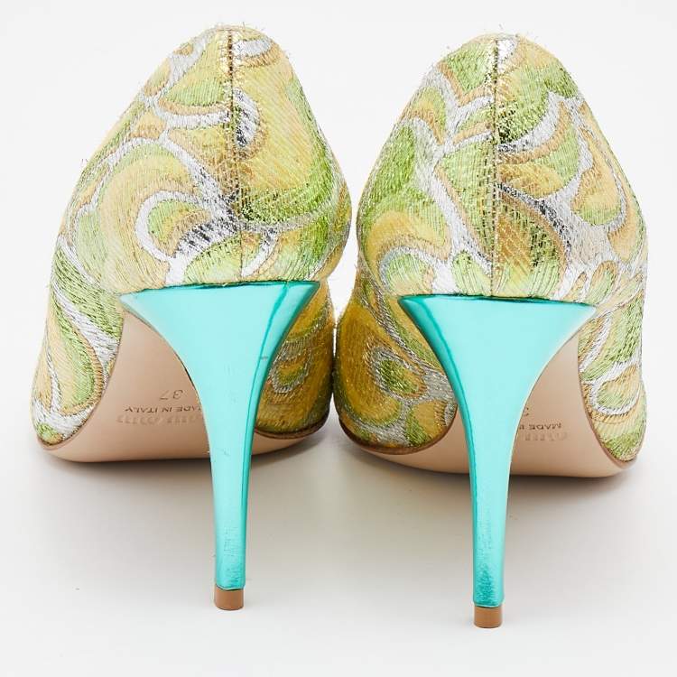 Pre Owned Miu Miu Green/Yellow Metallic Fabric Pointed Toe Pumps Size 37