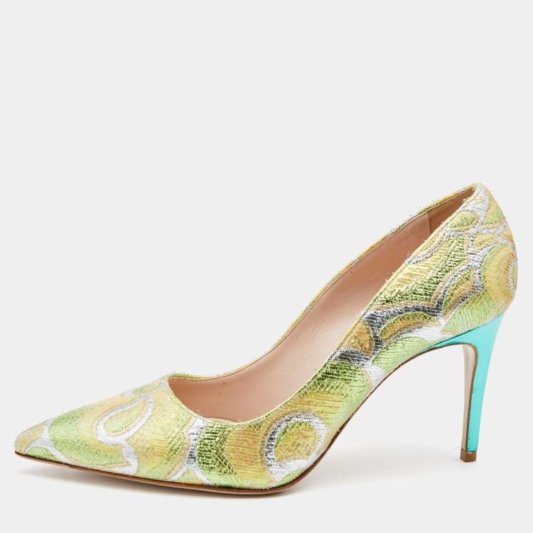 Pre Owned Miu Miu Green/Yellow Metallic Fabric Pointed Toe Pumps Size 37