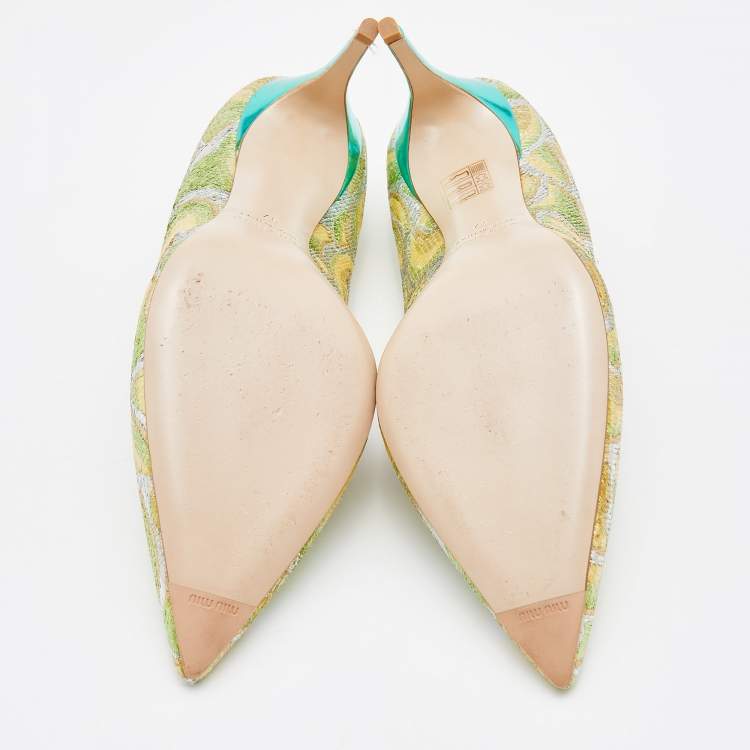 Pre Owned Miu Miu Green/Yellow Metallic Fabric Pointed Toe Pumps Size 37